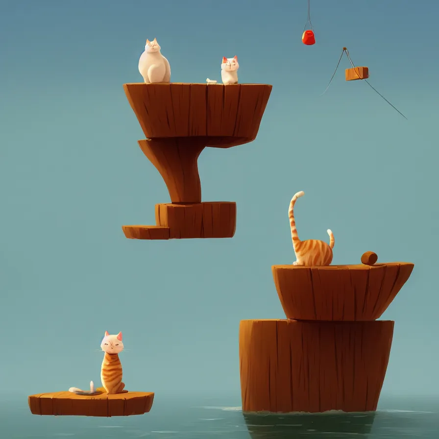 Prompt: a cat on top of a piece of wood, sailing down a river, art by Goro Fujita, ilustration, concept art, sharp focus, ArtStation, Deviantart