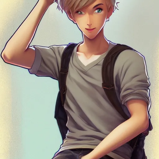 Image similar to young man with short, ash blond greyish hair, light brown eyes, casual clothes, relaxing, happy, path traced, highly detailed, high quality, digital painting, by don bluth and ross tran and studio ghibli and alphonse mucha, sylvain sarrailh, beautiful details