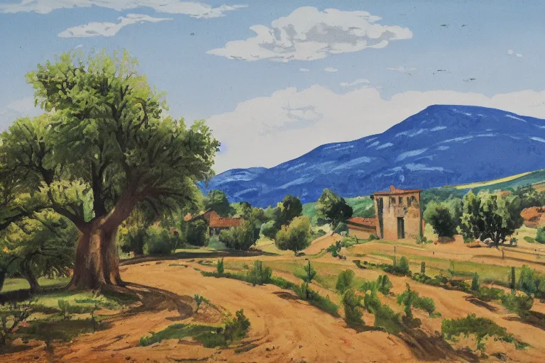 Prompt: Masterpiece of a large Provence landscape, country side and small town, gouache, by Jean Hugo