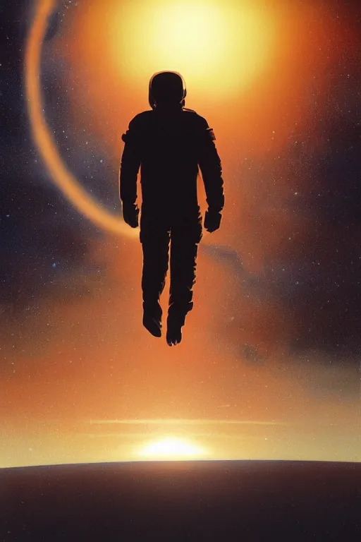 Prompt: long shot from behind of an astronaut floating alone in space silhouetted against the sun, dramatic backlighting, somber, golden hour, low-key lighting, kodachrome, color contrast, high contrast, highly detailed, sharp focus, digital painting, concept art, illustration, trending on artstation, art by greg rutkowski + greg hildebrandt + alphonse mucha