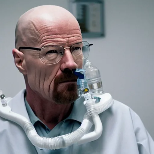 Prompt: walter white wearing a clear oxygen mask with tube running to small oxygen containt next to him. walter sits in a wheelchair in a courtroom.