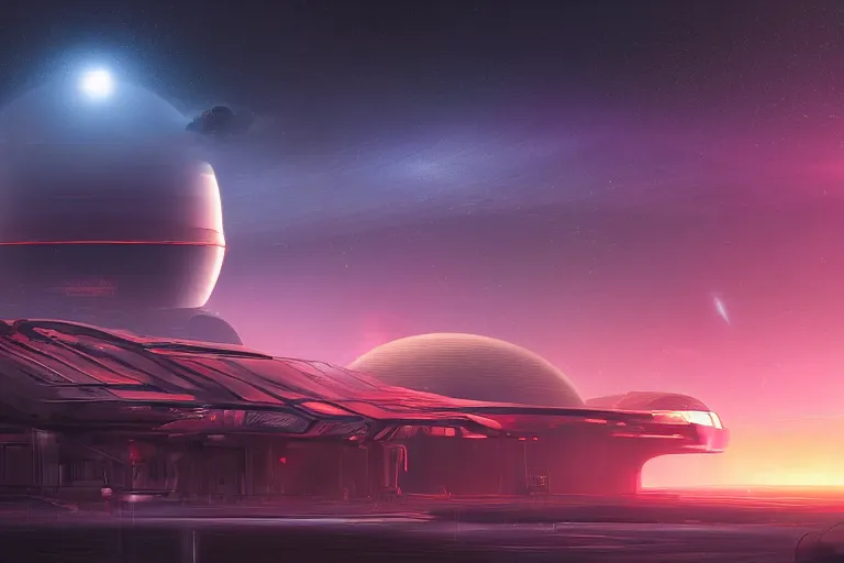 Image similar to a distant futuristic military installation, on the horizon, sleek, menacing, glowing lighting and neon signs, Raymond Swanland and Jessica Rossier nebula like clouds in space background near a ringed gas giant, hyper detailed hyper detailed, 8k, ultra realistic, cinematic lighting, ultra wide 35mm lens, Boeing Concept Art, Lockheed concept art