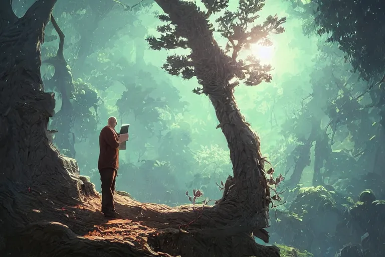 Prompt: a middle aged man stands next to a tree, holding a book open, sunlight reflects from his bald head, digital art, illustration, realistic, 3 d art, illustration, picture, fantasy art, illustration, illustrated by greg rutkowski, and anton fadeev, detailed!!