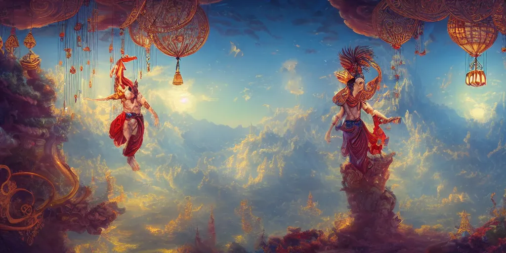 Image similar to painting of a god of wind enjoying his ornate heavenly palace, decorated with windchimes and paper lanterns, stunning nature in background, cinematic, 8 k, hyper detailed, digital art trending on artstation