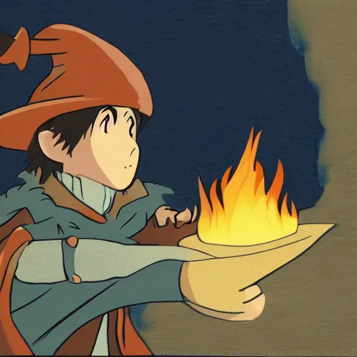 Image similar to A young wizard casting a fire spell in the style of howl's moving castle