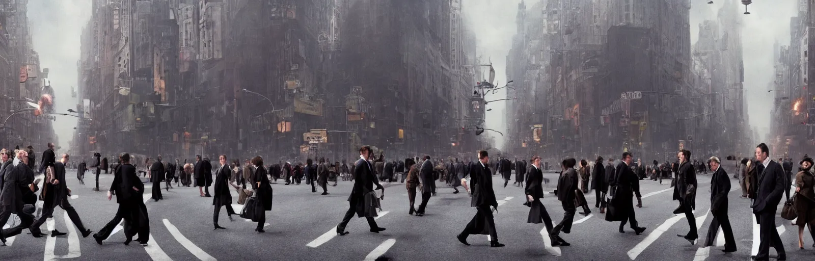 Prompt: People crossing the street from the movie Inception by Christopher Nolan, recursive, surreal, steam punk, highly detailed, smooth, cinematography, high contrast, sharp focus, dynamic lighting, 4k, by Rene Magritte