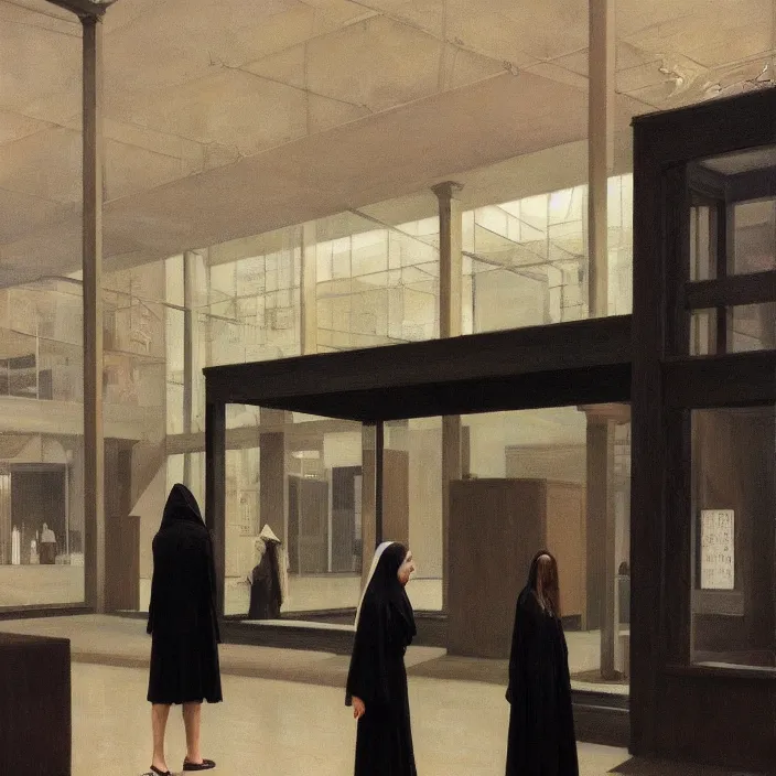 Prompt: woman in black robes, short skirt, in magnificent shopping mall, artstation, art by edward hopper, zdislav beksinski, wayne barlowe, edward hopper