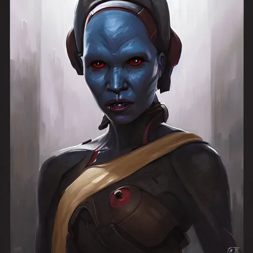 Prompt: portrait of a female Twi'lek sith by Greg Rutkowski, blue skin, she is about 30 years old, wearing black sith uniform, Star Wars Expanded Universe, highly detailed portrait, digital painting, artstation, concept art, smooth, sharp foccus ilustration, Artstation HQ