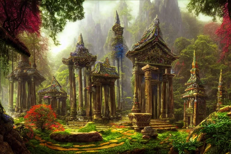 Image similar to a beautiful and highly detailed matte painting of a lost temple in a colorful garden mystical in a forest high in the mountains, psychedelic, celtic, intricate details, epic scale, insanely complex, 8 k, sharp focus, photorealism, artstation, cgsociety, by caspar friedrich, albert bierstadt, james gurney, brian froud,