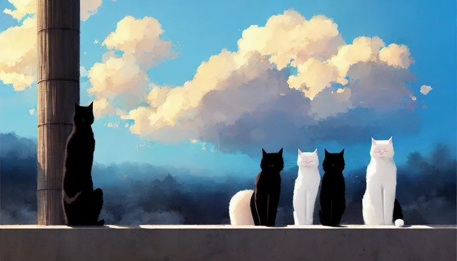 Image similar to contemporary semi abstract acrylic painting of really tall sitting cats by makoto shinkai, by greg rutkowski, thick brush strokes and visible paint layers, glistening clouds in background