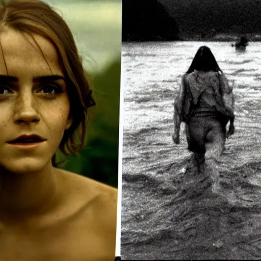 Image similar to film still, close up, emma watson rising out of muddy vietnam river, face covered in mud, low camera angle at water level, night time, film still from apocalypse now ( 1 9 7 9 ), 2 6 mm