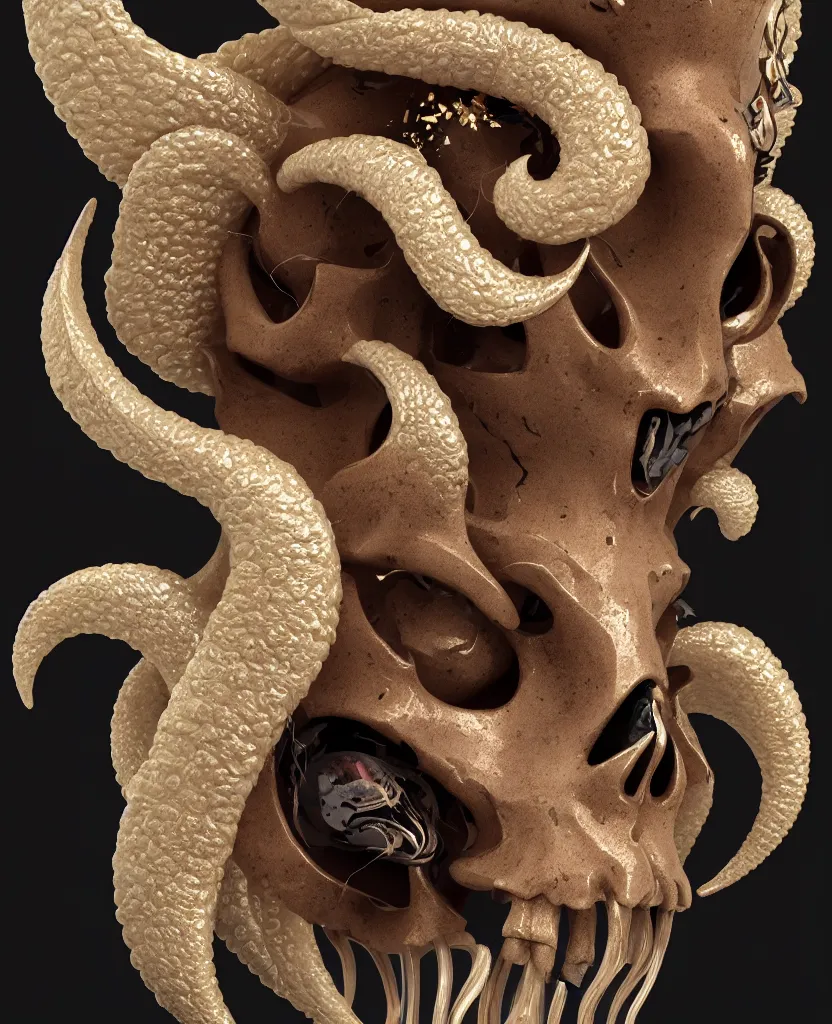 Image similar to goddess princess face close-up portrait ram skull. sculpture made of black clay and gold. jellyfish phoenix head, nautilus, orchid, skull, betta fish, bioluminiscent creatures, intricate artwork by Tooth Wu and wlop and beeple. octane render, trending on artstation, greg rutkowski very coherent symmetrical artwork. cinematic, hyper realism, high detail, octane render, 8k