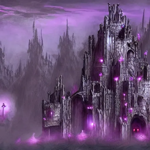 Image similar to underground fortified neo - gothic dark elf city, temples, fortresses, purple fey lights, underground black stone landscape, horrific, horror,