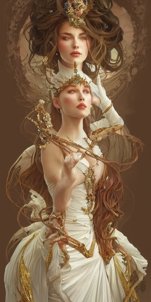 Image similar to a realistic liquid queen with a decorated dress made of white pearls , highly detailed, digital painting, Trending on artstation , HD quality, by artgerm and greg rutkowski and alphonse mucha, dramatic light, octane