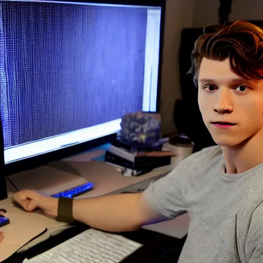 Image similar to tom holland behind a computer in his apartment room during a stormy night, photorealistic, cinematic lighting, highly detailed,