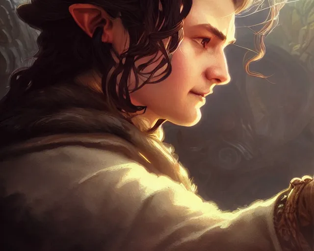 Prompt: close up of hobbit, deep focus, d & d, fantasy, intricate, elegant, highly detailed, digital painting, artstation, concept art, matte, sharp focus, illustration, hearthstone, art by artgerm and greg rutkowski and alphonse mucha