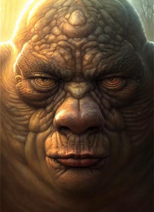 Image similar to closeup portrait shot of a ogre in a scenic dystopian environment, intricate, elegant, highly detailed, centered, digital painting, artstation, concept art, smooth, sharp focus, illustration, artgerm, tomasz alen kopera, peter mohrbacher, donato giancola, joseph christian leyendecker, wlop, boris vallejo