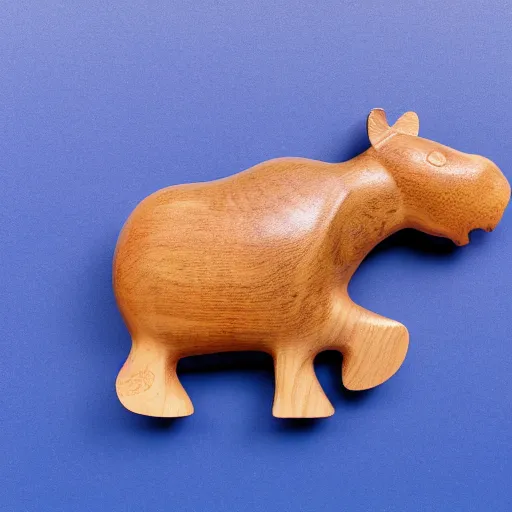 Image similar to a zoomed out studio product shot of a rounded carved smooth cherry wood and blue resin hippopotamus, in profile, like a catalog photograph, mostly wood, with a smooth featureless minimalist look