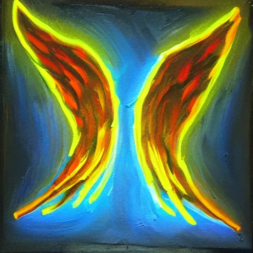 Prompt: Humans with wings flying to a neon light, oil painting