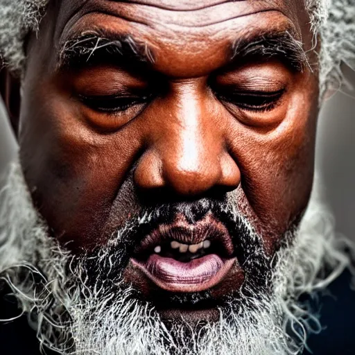 Image similar to the face of gandalf kanye west at 6 6 years old, portrait by julia cameron, chiaroscuro lighting, shallow depth of field, 8 0 mm, f 1. 8