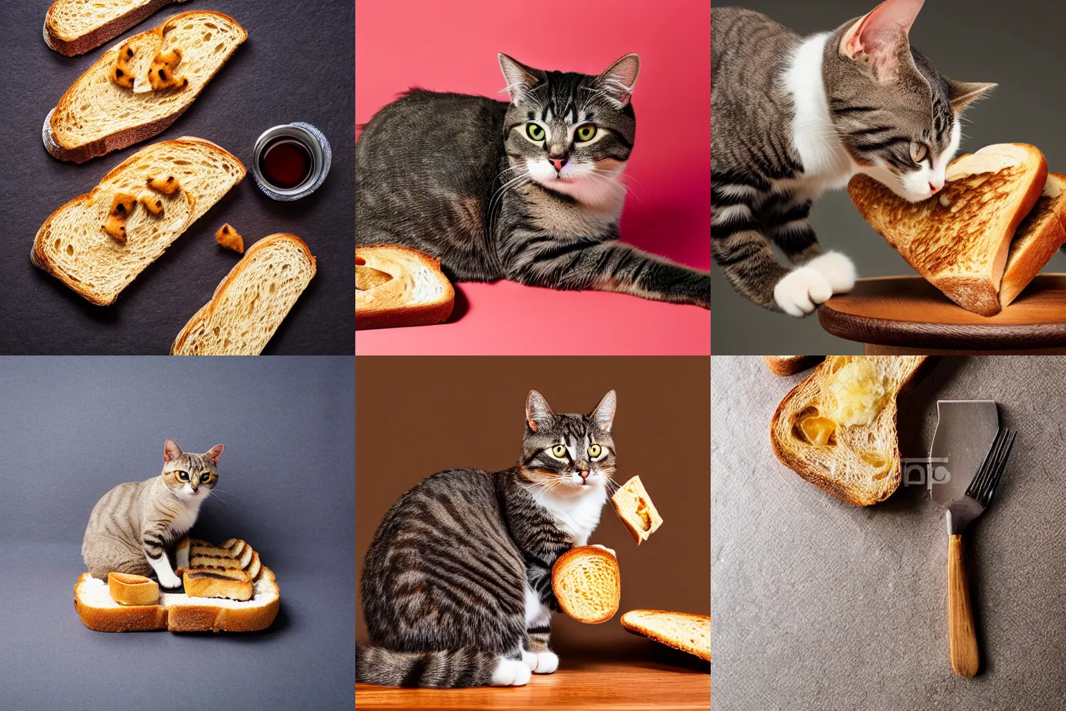 Prompt: A cat with toast growing out of its back. High quality product photography.