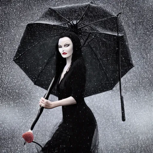 Image similar to morticia addams holding a parasol during a [ humid, rainy day ] as she saunters across the city, closeup!!!, photorealistic facial features, trending on artstation, 4 k photorealism, unsplash, shot by jimmy nelson