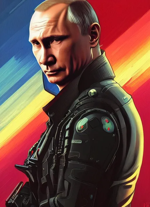 Image similar to portrait of Vladimir Putin as a character in arabian Cyberpunk 2077, looking at camera, intricate, dystopian, sci-fi, extremely detailed, digital painting, artstation, concept art, smooth, sharp focus, illustration, intimidating lighting, incredible art by artgerm and greg rutkowski and alphonse mucha and simon stalenhag