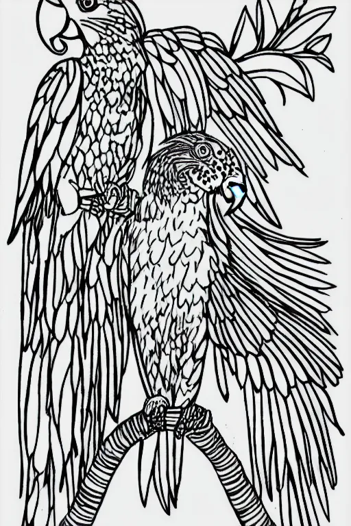 Prompt: parrot ink drawing line art colouring page