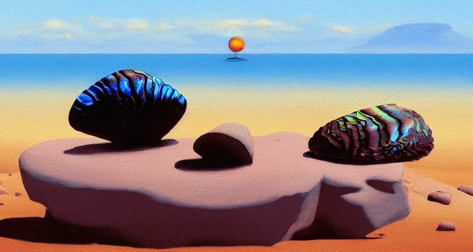 Image similar to oil painting of a tiny abalone seashell house on top of a rock, by roger dean, syd mead, cell, concept art, minimalist, cinematic color scheme