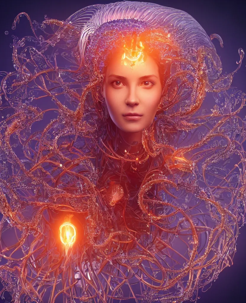 Image similar to close-up macro portrait of the face of a beautiful princess, epic angle and pose, symmetrical artwork, 3d with depth of field, blurred background, cybernetic jellyfish phoenix bird, translucent, nautilus, energy flows of water and fire. a highly detailed epic cinematic concept art CG render. made in Maya, Blender and Photoshop, octane render, excellent composition, cinematic dystopian brutalist atmosphere, dynamic dramatic cinematic lighting, aesthetic, very inspirational, arthouse. y Greg Rutkowski, Ilya Kuvshinov, WLOP, Stanley Artgerm Lau, Ruan Jia and Fenghua Zhong