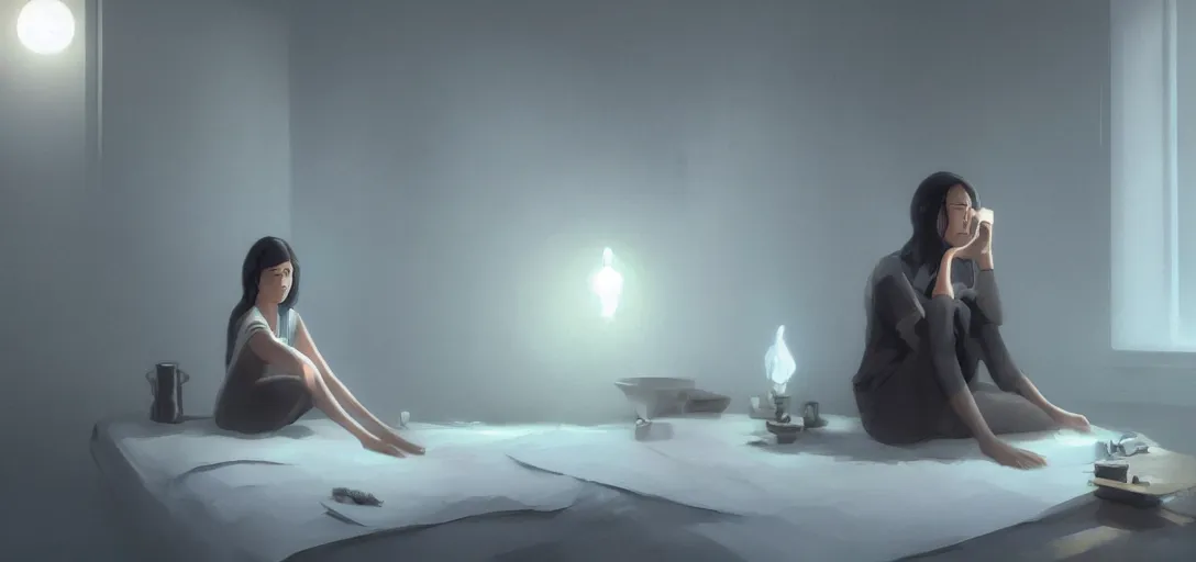 Image similar to Young Himalayan woman sitting concerned in an empty room with loneliness using psychic powers to make a lighter float| night time scene, plain walls |somber white eyes, long ashy hair | gentle lighting, futuristic, dim lighting, digital art by Makoto Shinkai ilya kuvshinov and Wojtek Fus, digital art, concept art,