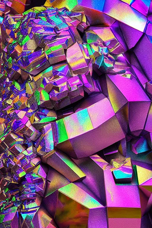 Image similar to a multicolored bismuth golem, an abstract sculpture by ryusei kishida, polycount, crystal cubism, angular, iridescent, made of crystals : : extremely high details, masterpiece, photorealistic, hyperrealism, vray, octane render, volumetric lighting, depth of field, bokeh, artstation, cgsociety