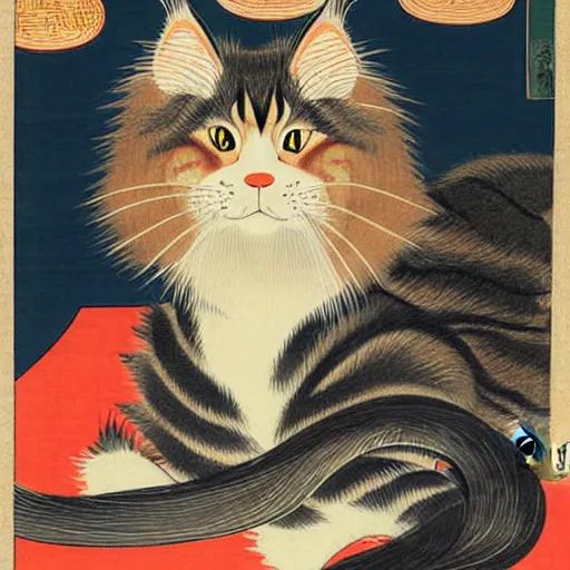 Image similar to beautiful portrait ukiyo - e painting of an ginger maine coon by kano hideyori, kano tan'yu, kaigetsudo ando, miyagawa choshun, okumura masanobu, kitagawa utamaro