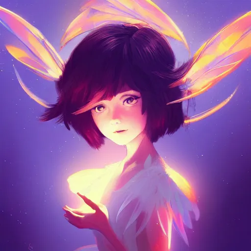 Prompt: pixie fairy character with bright glowing light wings, elegant, highly detailed, digital painting, artstation, concept art, sharp focus, illustration, strong brush stroke, anime, sharp focus, ghibli studio, art by ilya kuvshinov, rossdraws