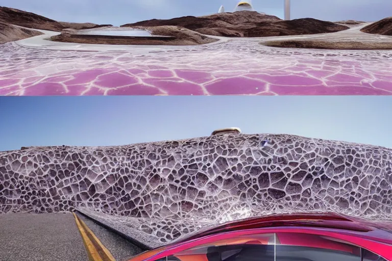 Image similar to futuristic tesla street with Singaporean lush onsen with royal white and pink and white and luxurious gold colors, advanced civilization, high-end onsen, at the Salar De Uyuni, Hexagonal formations on the surface of salt crystallization, combined between sedimentary deposits, bubbling geysers, interstellar night reflection of the sky, intricate, elegant, luxurious, digital painting, concept art, smooth, sharp focus, from Star Trek 2021, illustration, by WLOP and Ruan Jia and Mandy Jurgens and William-Adolphe Bouguereau, Artgerm