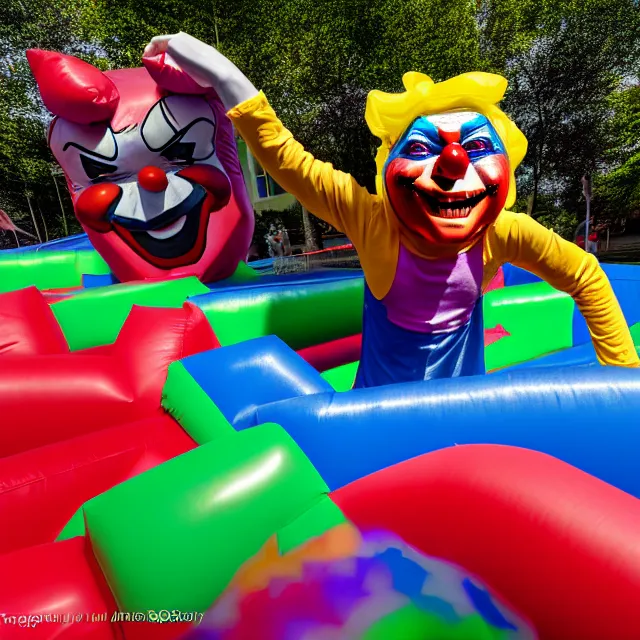 Image similar to , chased by a scary clown in an infinite liminal space made of bouncy castle, highly detailed, 8 k, hdr, smooth, sharp focus, high resolution, award - winning photo