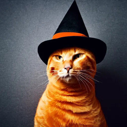 Prompt: photographic portrait of a big orange tabby cat wearing a black wizard hat