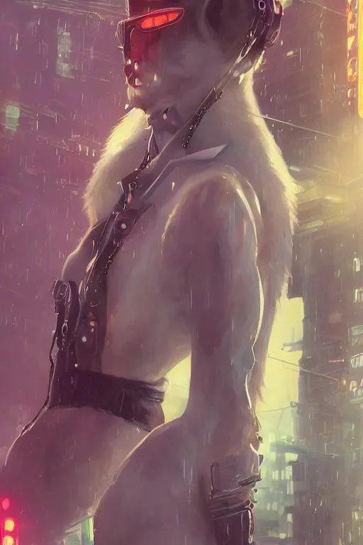 Image similar to beautiful portrait of a tall white female anthro fox smoking a cigarette towering head and shoulders above the bustling crowd of a rainy city street around her, sci fi bodysuit, cyberpunk, harsh neon lights, highly detailed, sharp focus, digital painting, illustration, trending on artstation, art by sakimichan, wlop, greg rutkowski