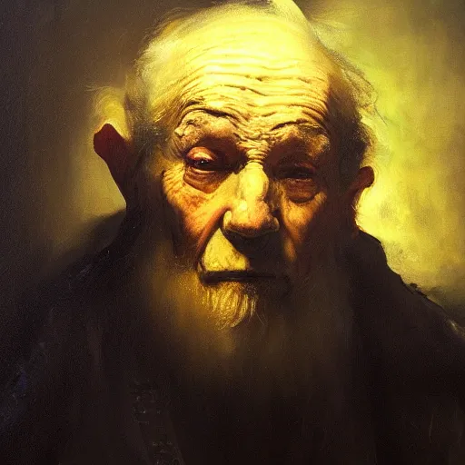 Prompt: high quality oil painting portrait of old aged priest by Rembrandt and Raymond Swanland, dark background, high fantasy, perfect lighting