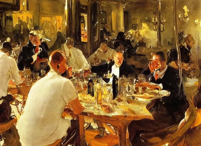 Image similar to men having dinner, singing, roaring twenties, cellar, masterpiece, torches on wall, meat, wine, schnapps, smoking cigars, scantily clad blondes, oil painting by anders zorn and carl larsson, art nouveau