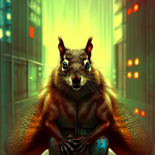 Prompt: cyberpunk rabid squirrel, intricate, digital painting, artstation, intricate, concept art, smooth, sharp focus