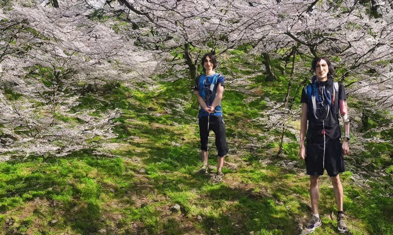 Prompt: biohacker living beyond 200 years, posing on a mountain ridge, lovely cherry trees nearby, studio ghibli style