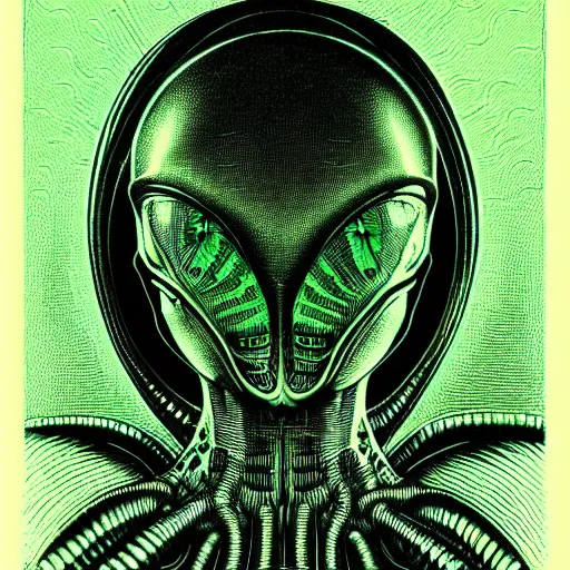 Image similar to portrait top light, by killian eng and joe fenton and h r giger, inspired by alien movie 1 9 7 9, green duotone print, etching, fine, sharp high detail,