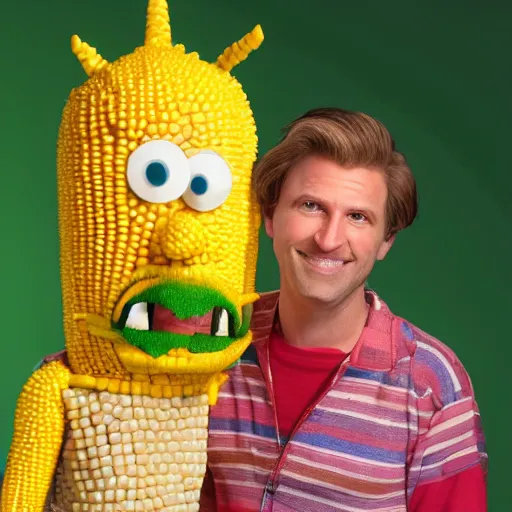 Image similar to a photoreal image of the character Doug from the tv show Doug as anthropomorphic corn.