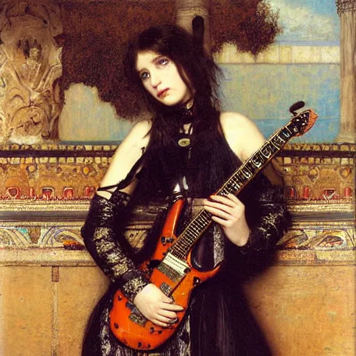 Image similar to Goth girl playing electric guitar by Mario Testino, oil painting by Lawrence Alma-Tadema, masterpiece