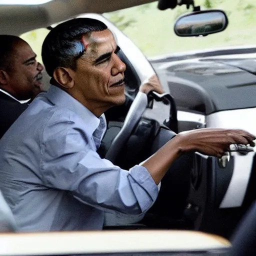 Image similar to barack obama featured on an episode of pimp my ride. he is sitting in the car with xzibit, photo