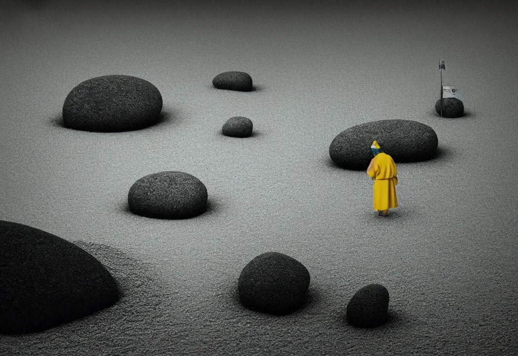 Image similar to a lone priest raking stones in a zen garden kyoto, japan, a collage painting, in the style of wes anderson, lola dupre, david hockney, isolated on negative white space background dark monochrome fluorescent neon spraypaint accents volumetric octane render