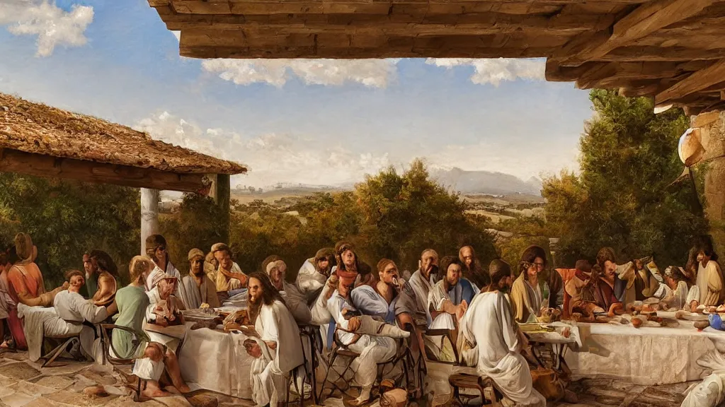 Image similar to tennis players seating in the scene of the last supper, under the porch of a typical portuguese house, with typical alentejo landscape in the back, sunny morning, matte painting, oil canvas, photorealistic illustration, extreme detail, hyper realistic, highly detailed, digital art