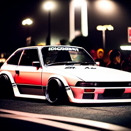 Image similar to a car S30 turbo drift at illegal car meet, shibuya prefecture, midnight mist streetlights, color grade, photorealistic, highly detailed wheels, highly detailed