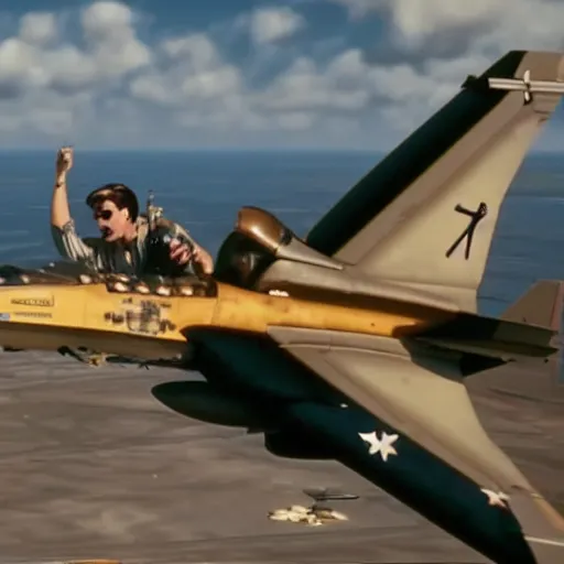 Image similar to a christian checks Top Gun in the messenger, wide shot, realistic, explosions in the background, 4K